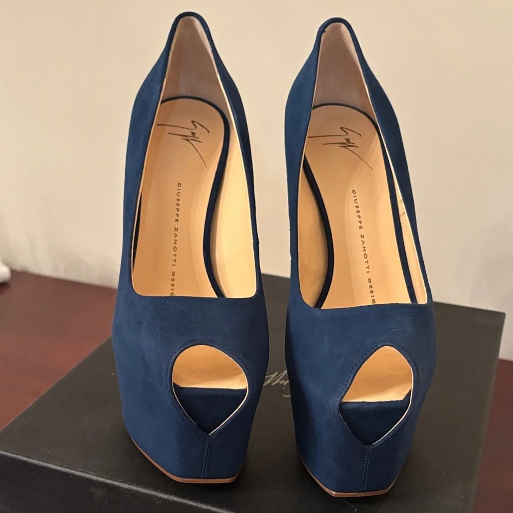 Giuseppe Zanotti Suede Leather Blue Stiletto Liza 90 Open Toe Platform Pump 7.5